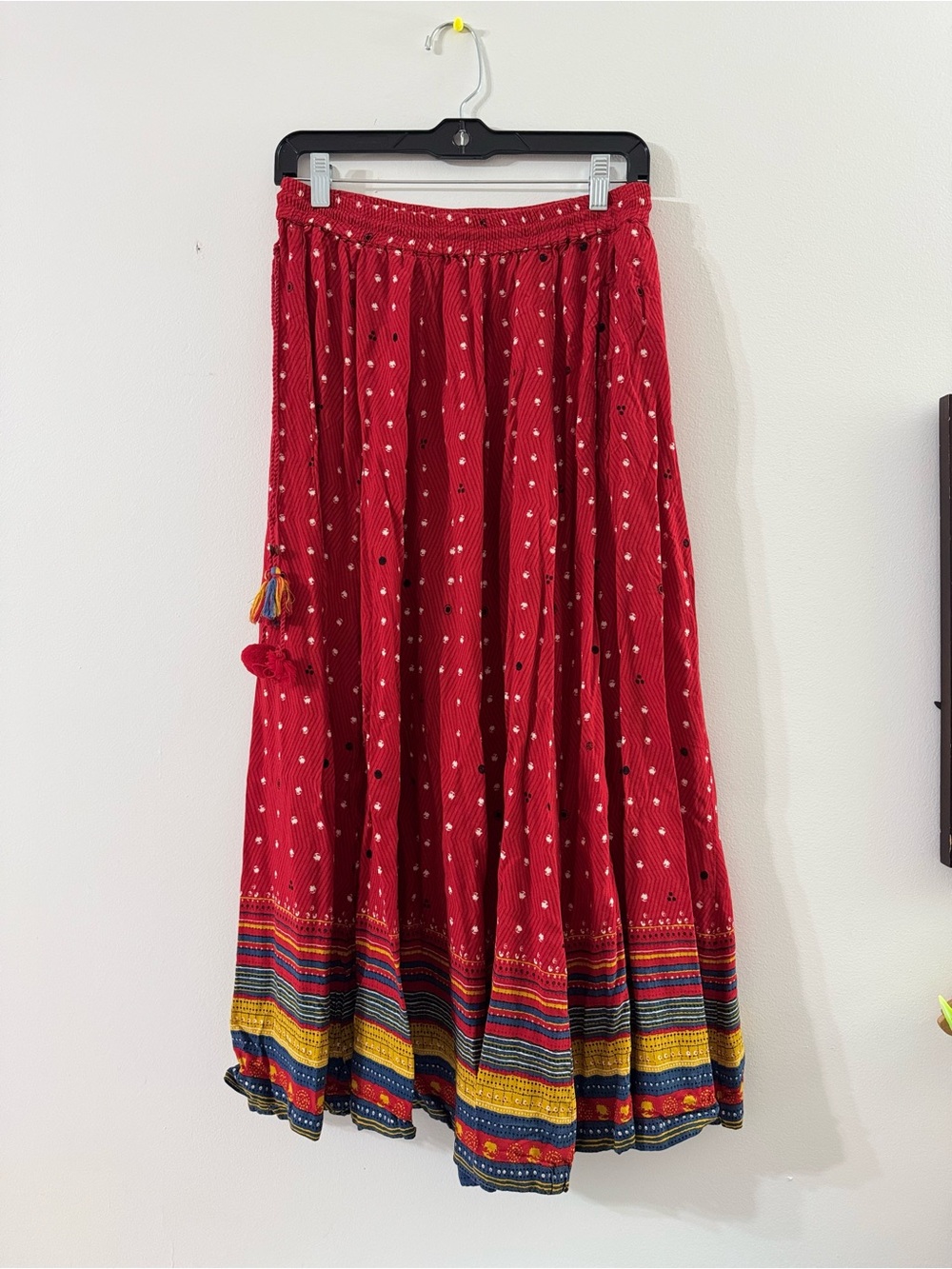 Red Bohemian Maxi Skirt with Multicolor Hem